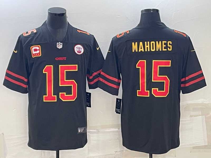 Mens Kansas City Chiefs #15 Patrick Mahomes Black Red Gold 4-star C Patch Vapor Untouchable Limited Stitched Jersey
